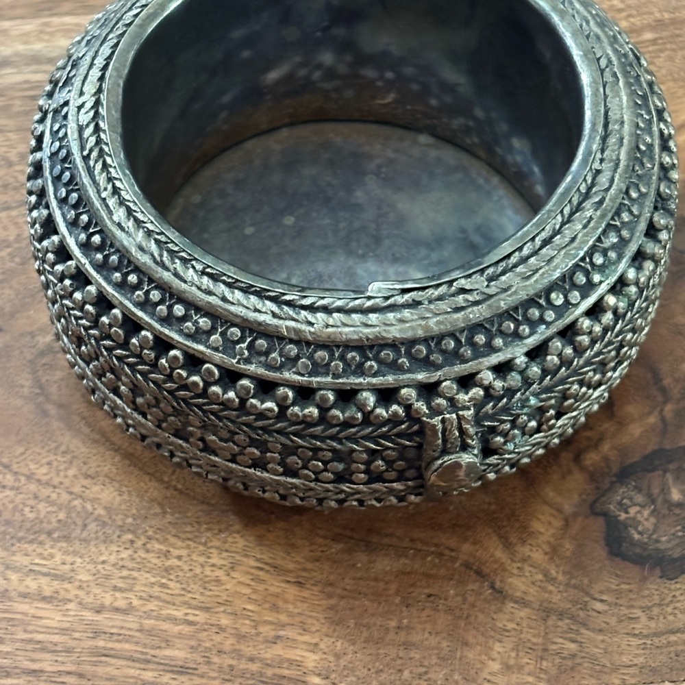 Rajasthan silver bracelet coin jewelry dish bowl coaster vtg India Tribal Art